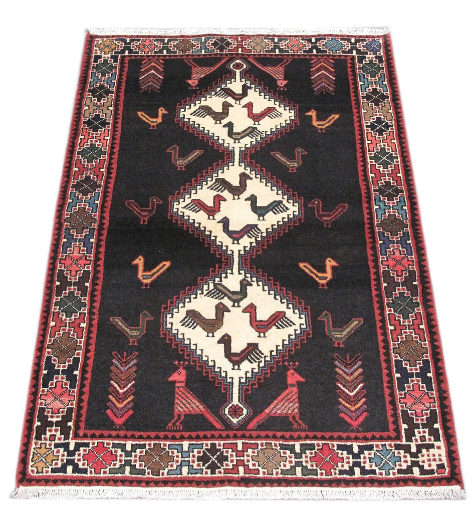 3.7 x 5 Persian Tribal Carpet Hand-Knotted Iran Black Premitive Birds #PIX-82745