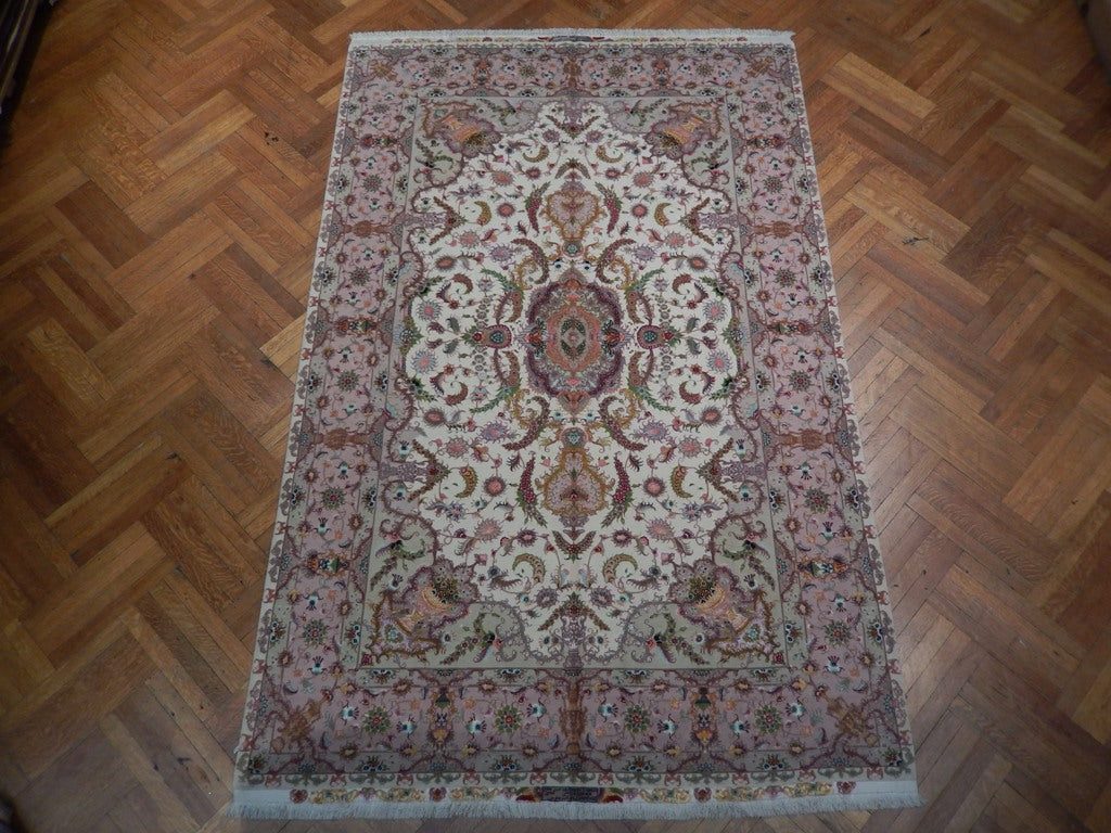 6.7 x 10.3 High Quality Persian Tabriz Rug Ivory Lavander Wool and Silk 400 Kpsi #PIX-21984