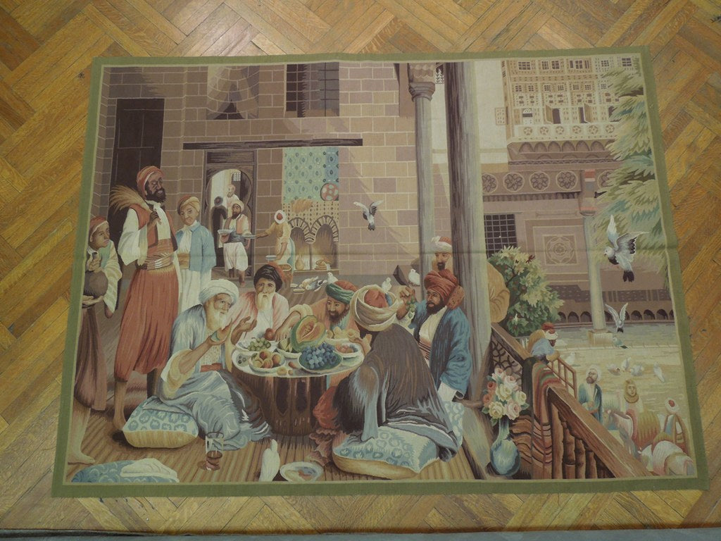 6 x 8 Old Fashion Market Scenery Tapestry Handmade #PIX-20577