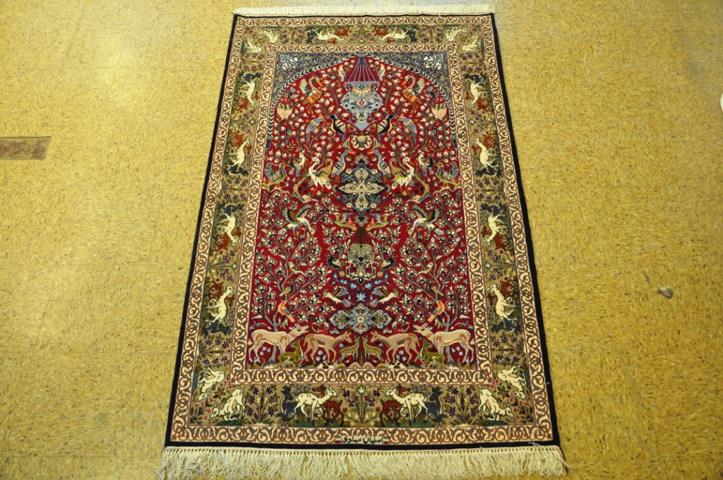 3.7 x 6.0 Fine Persian Esfahan  Prayer Rug  Animals #PIX-28996