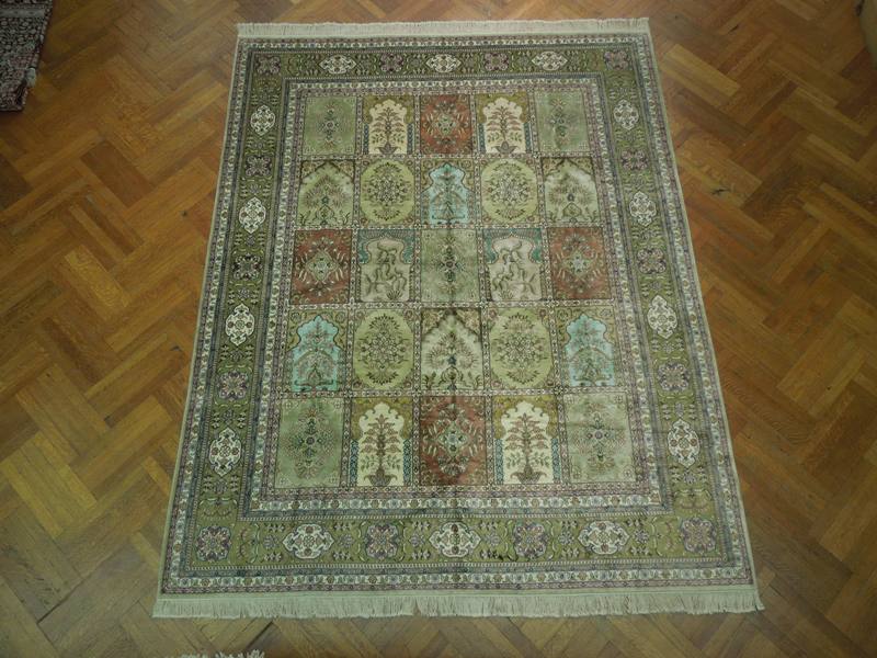 8.3 x 10.2 Handmade Silk Rug GREEN Multi Color Baktiar Box Pattern #PIX-17294