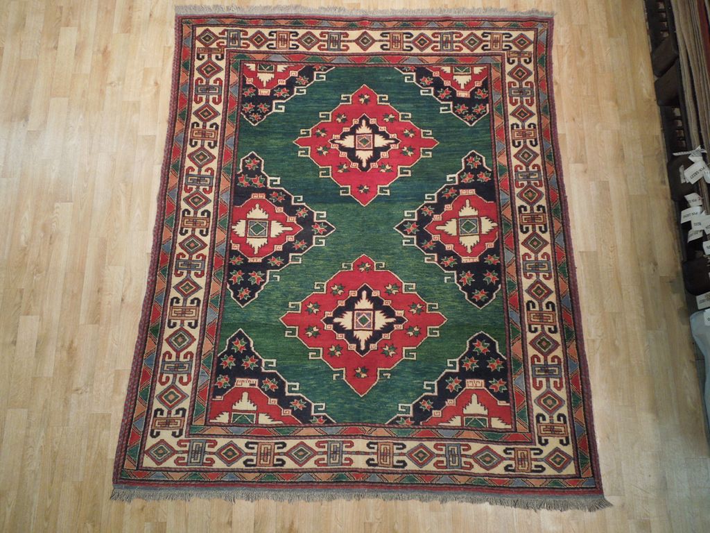 6 x 7 Green Hand-Knotted Kazak Afghan Rug Wool on Wool #PIX-19256