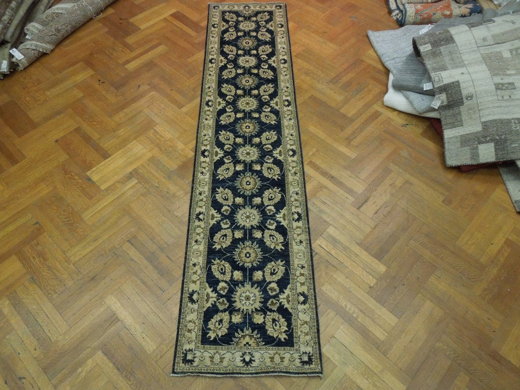 12' Feet Runner Natural Ghazni Wool Ziglar Chobi Royal BLUE #PIX-19976