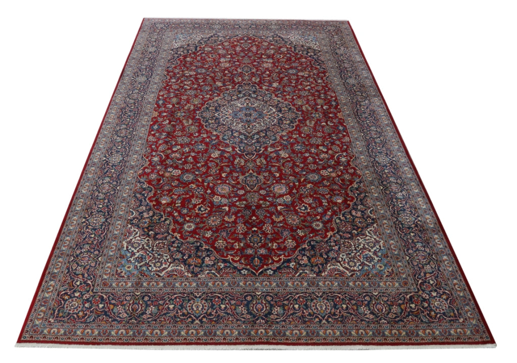 10.3 x 16.7 SIGBNED Persian Kashan Rug Authentic Red Blue #B-81157