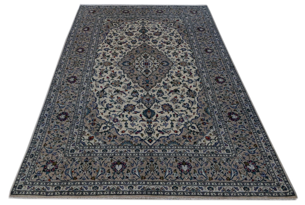 6.7 x 10 Signed Persian Ivory Blue Kashan Rug Iran #B-81215