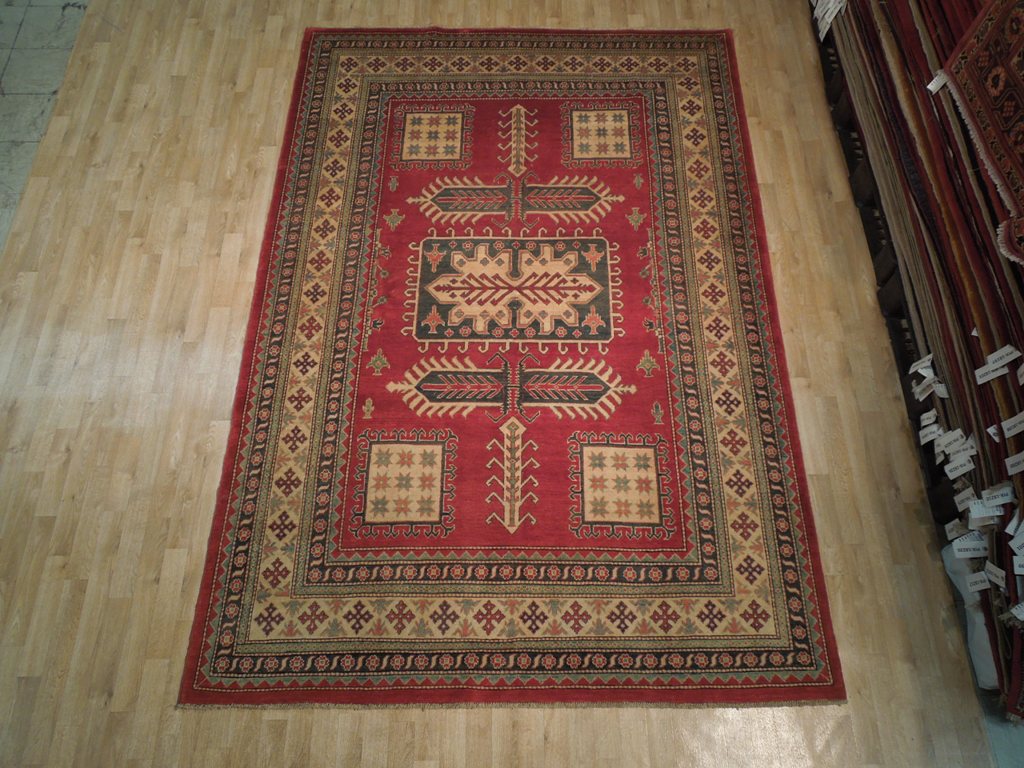 7.1 x 10.4 Orange Red Handmade Pakistan Kazak Wool Rug #PIX-19201