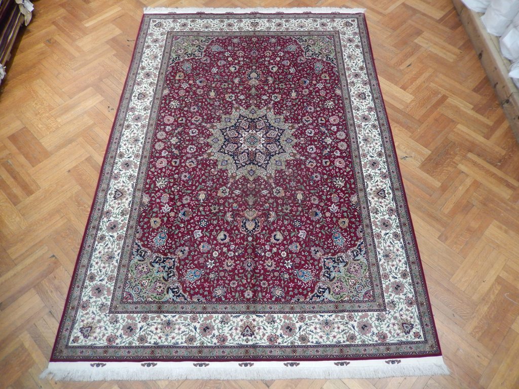 8 x 12 Super Fine Authentic Persian Tabriz Rug Handmade Iran Wool and Silk on Silk on Silk  500 Kpsi  Rich Burgundy #PIX-21838