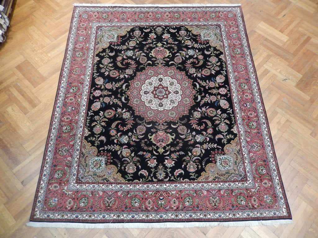 8.2 x 10 Authentic Persian Tabriz Rug Black Wool and Silk High Quality Handmade Iran 400 KPSI #PIX-21851
