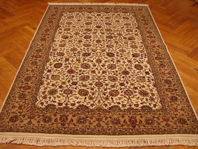 5.10 x 9 Silk & Wool Sino Tabriz Quality Handmade Rug Ivory Tan #PIX-13831