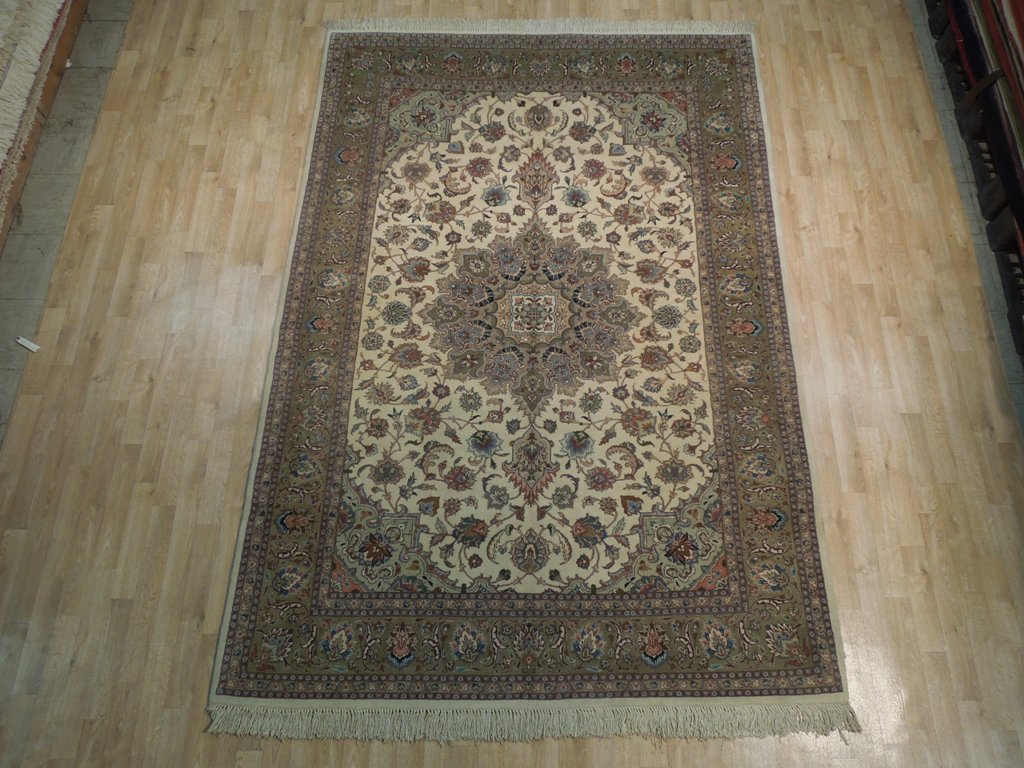6.7 x 9.8 Fine Authentic Persian Tabriz Rug Handmade Iran Wool and Silk 400 KPSI Ivory Green #PIX-18140