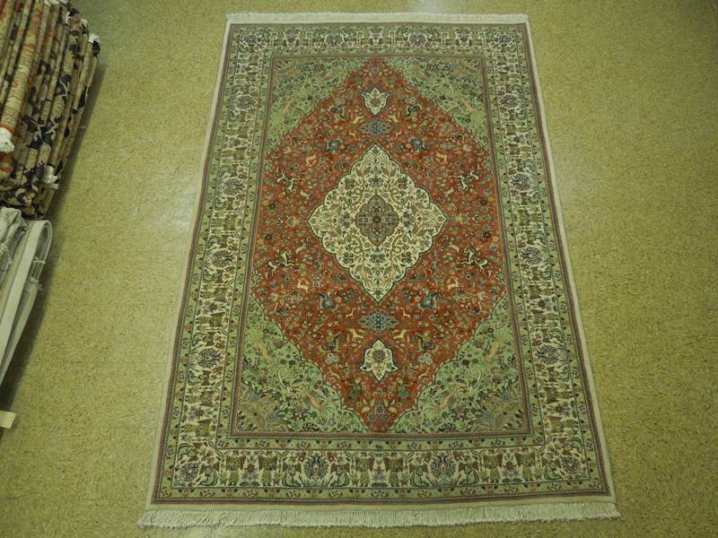 6.9 x 10 Authentic Persian Tabriz Tabataba Rug Hunting Deer's Birds #PIX-18060