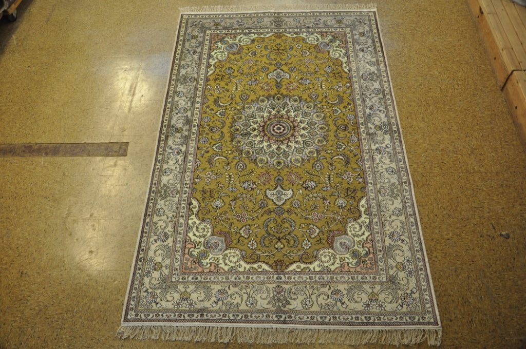 5 x 8 Hand-Knotted Silk Rug Gold Raised Pile Unique Carpet #PIX-27437