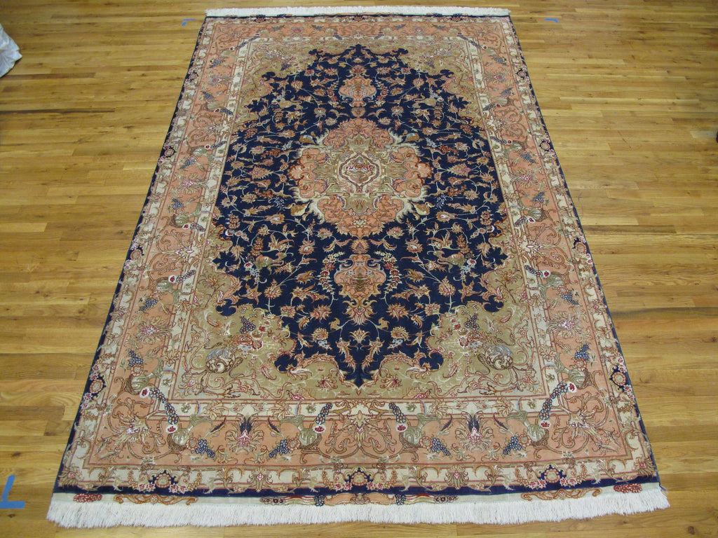 6.7 x 10.3 High Quality Genuine Persian Tabriz Rug Wool and Silk on Silk 400 Kpsi Royal Blue Peach #PIX-26292