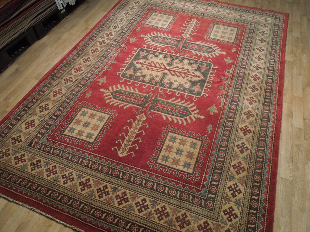 7.1 x 10.4 Orange Red Handmade Pakistan Kazak Wool Rug #PIX-19201