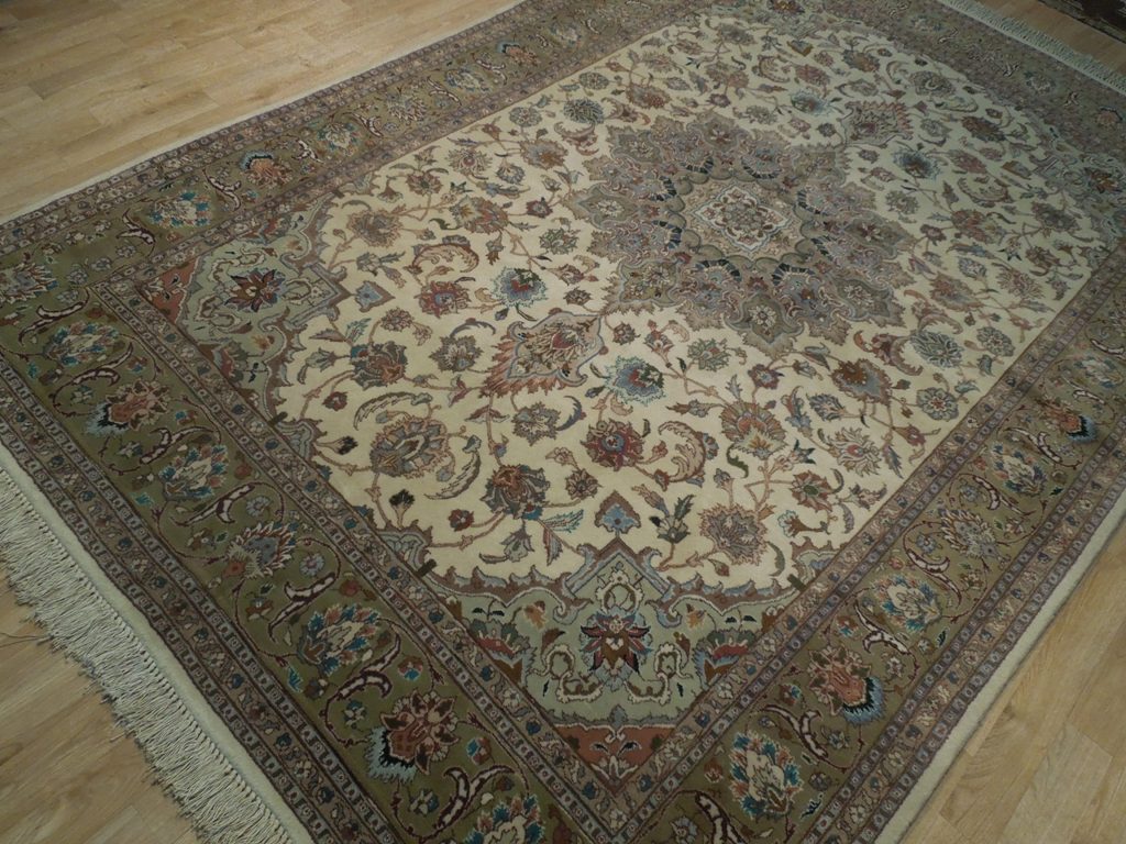 6.7 x 9.8 Fine Authentic Persian Tabriz Rug Handmade Iran Wool and Silk 400 KPSI Ivory Green #PIX-18140