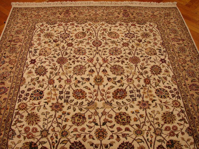 5.10 x 9 Silk & Wool Sino Tabriz Quality Handmade Rug Ivory Tan #PIX-13831