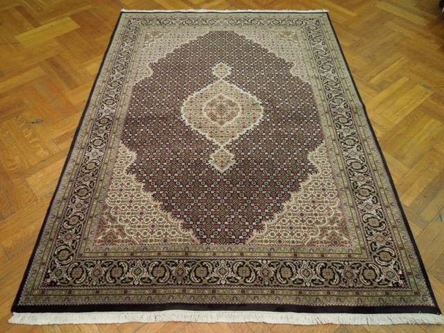 5.9 x 8 Fine Wool and Silk Black Mahi Tabriz Handmade Rug #PIX-16793