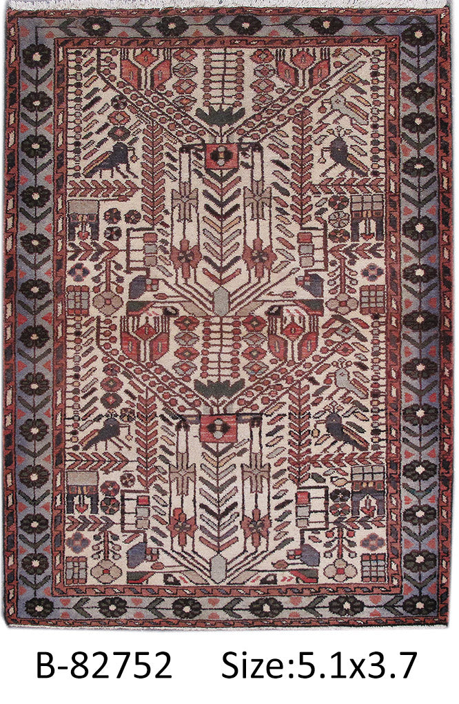 3.6 x 5 Persian Tribal Rasht Rug Primitive Birds #PIX-82752