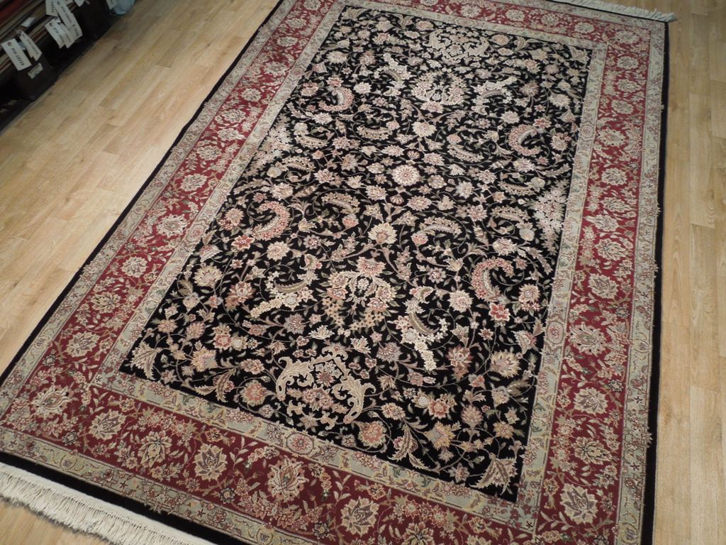 6 x 8.10 High Quality Wool and Silk New Handmade Rug BLACK #PIX-18826