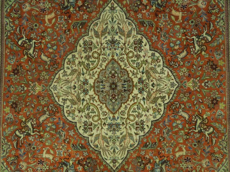 6.9 x 10 Authentic Persian Tabriz Tabataba Rug Hunting Deer's Birds #PIX-18060