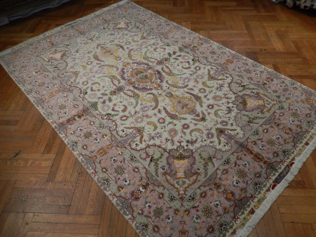 6.7 x 10.3 High Quality Persian Tabriz Rug Ivory Lavander Wool and Silk 400 Kpsi #PIX-21984