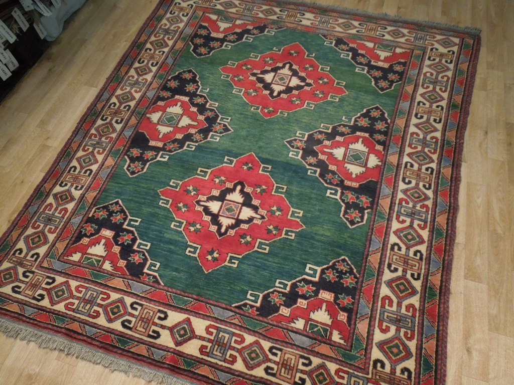 6 x 7 Green Hand-Knotted Kazak Afghan Rug Wool on Wool #PIX-19256