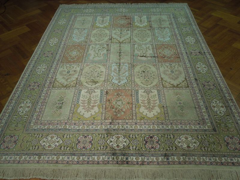 8.3 x 10.2 Handmade Silk Rug GREEN Multi Color Baktiar Box Pattern #PIX-17294