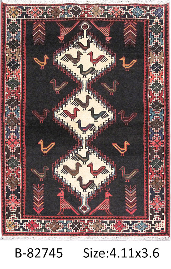 3.7 x 5 Persian Tribal Carpet Hand-Knotted Iran Black Premitive Birds #PIX-82745