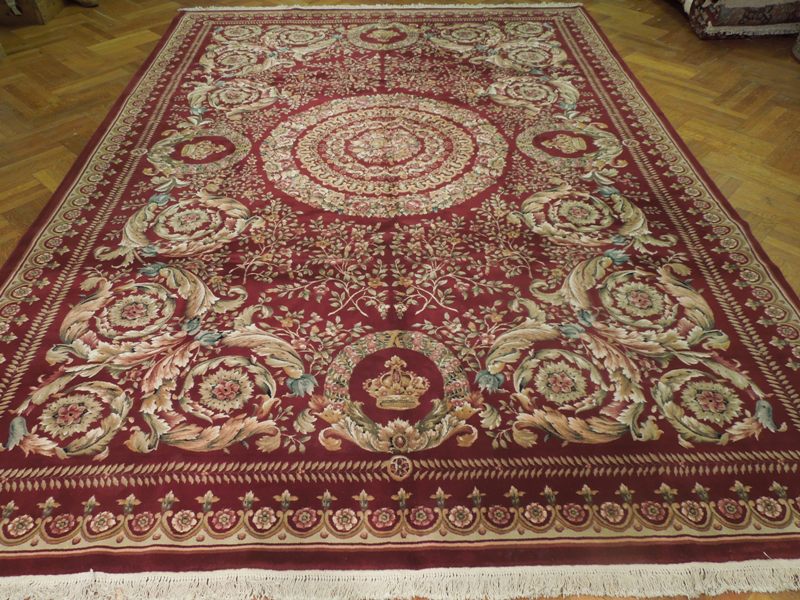 10.2 x 14 Amazing Handmade Rug French Savanerie Wool Burgundy Gold #PIX-17317