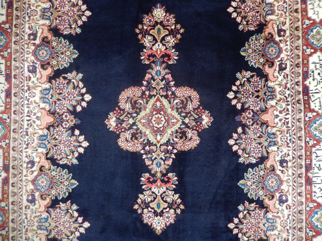 6 x 9.2 Handmade Turkish Rug Open Field Kerman BLUE Arabic Writing #PIX-23139