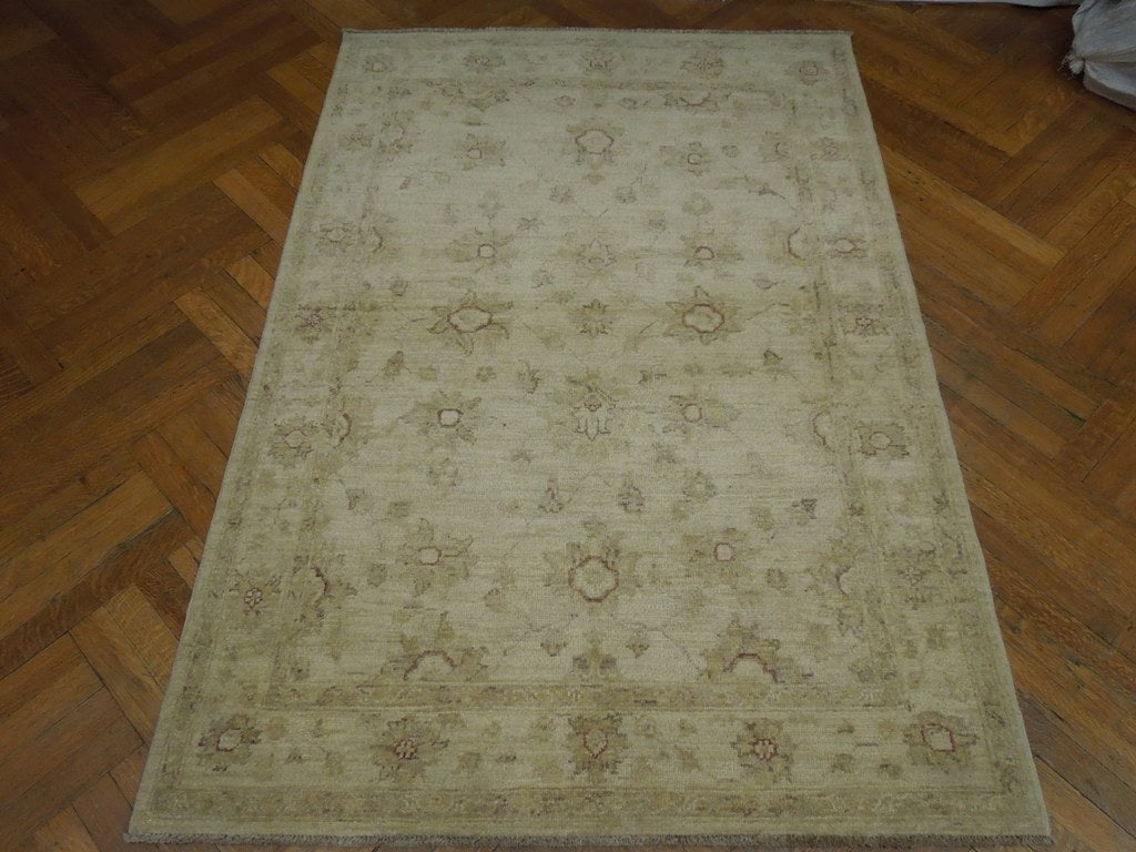 4 x 5.10 beige Sage green Chobi Peshawar Handmade Rug #PIX-20270