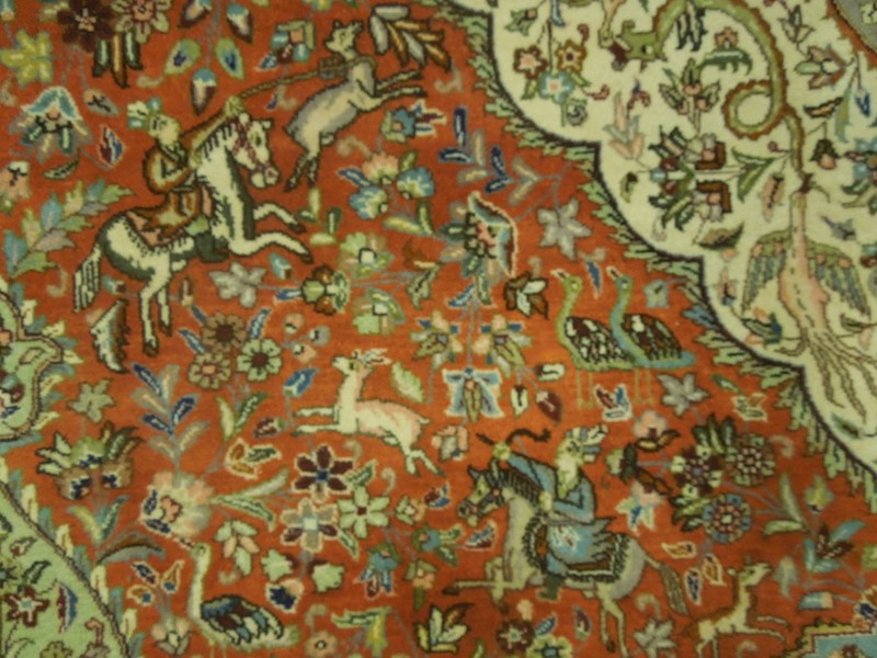 6.9 x 10 Authentic Persian Tabriz Tabataba Rug Hunting Deer's Birds #PIX-18060