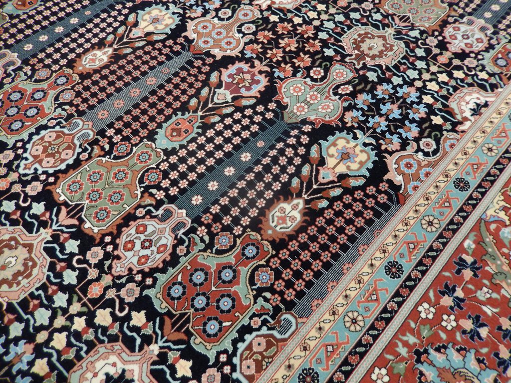 10 x 13 Fine Authentic Persian Tabriz Rug Handmade Iran Wool and Silk  400 KPSI Black Unusual #PIX-21928