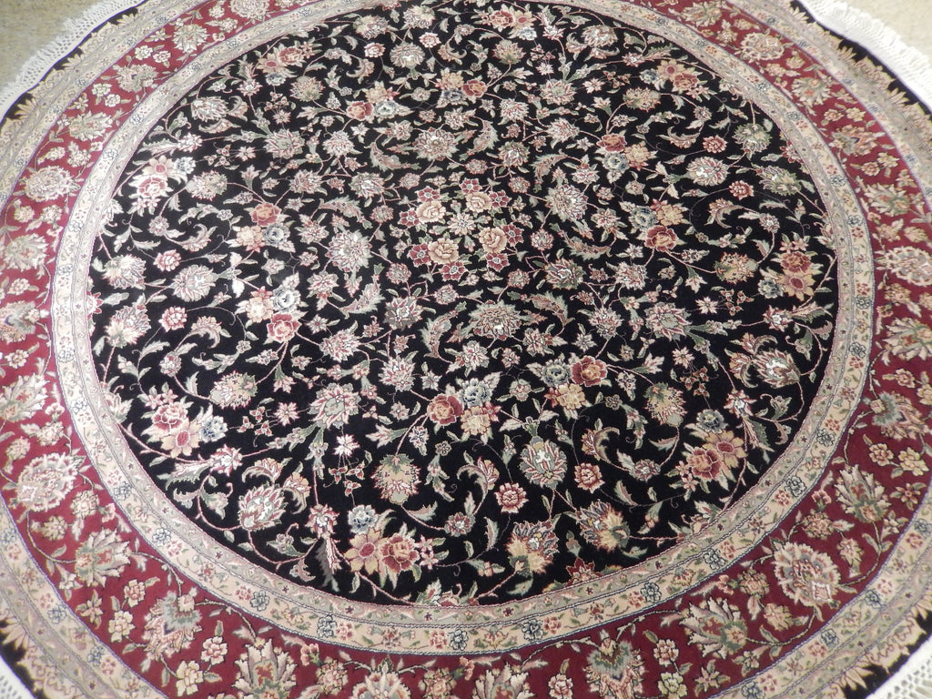 8 feet ROUND Fine Weave Quality Wool and Silk Pile Hand knotted Rug BLACK  #PIX-25740A