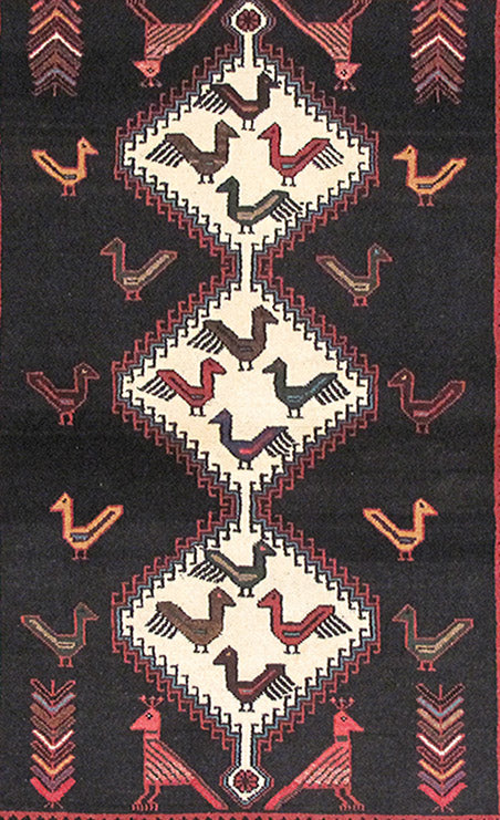 3.7 x 5 Persian Tribal Carpet Hand-Knotted Iran Black Premitive Birds #PIX-82745