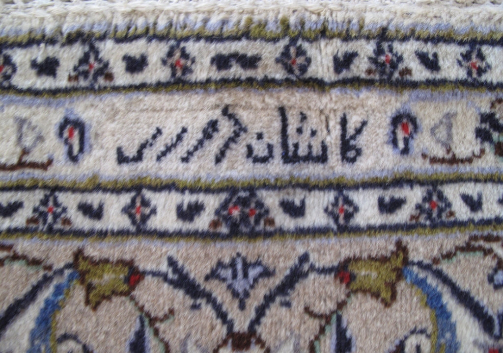 6.7 x 10 Signed Persian Ivory Blue Kashan Rug Iran #B-81215