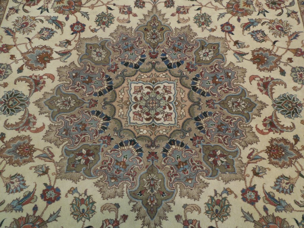 6.7 x 9.8 Fine Authentic Persian Tabriz Rug Handmade Iran Wool and Silk 400 KPSI Ivory Green #PIX-18140
