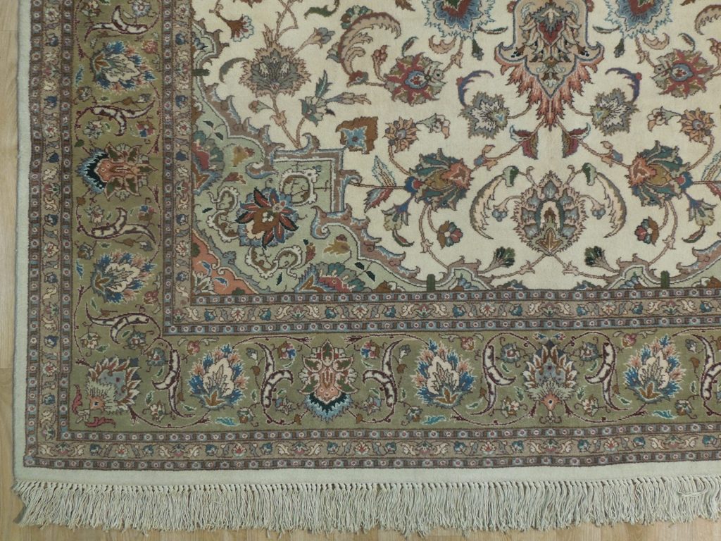 6.7 x 9.8 Fine Authentic Persian Tabriz Rug Handmade Iran Wool and Silk 400 KPSI Ivory Green #PIX-18140