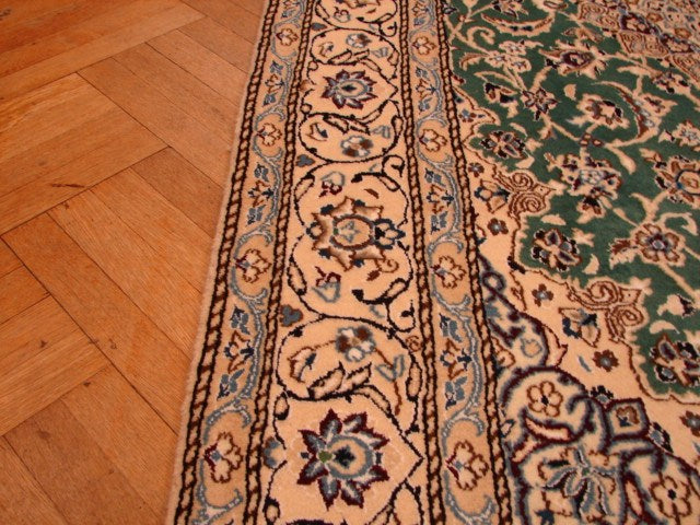 5 x 8 Authentic Signed Persian Green Nain Rug Wool and Silk Handmade Iran-#PIX-4241