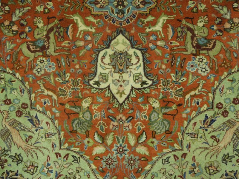 6.9 x 10 Authentic Persian Tabriz Tabataba Rug Hunting Deer's Birds #PIX-18060