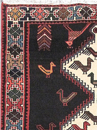 3.7 x 5 Persian Tribal Carpet Hand-Knotted Iran Black Premitive Birds #PIX-82745