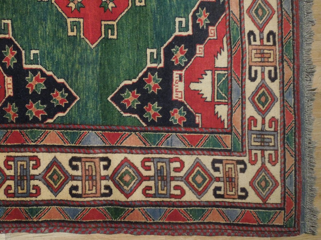 6 x 7 Green Hand-Knotted Kazak Afghan Rug Wool on Wool #PIX-19256