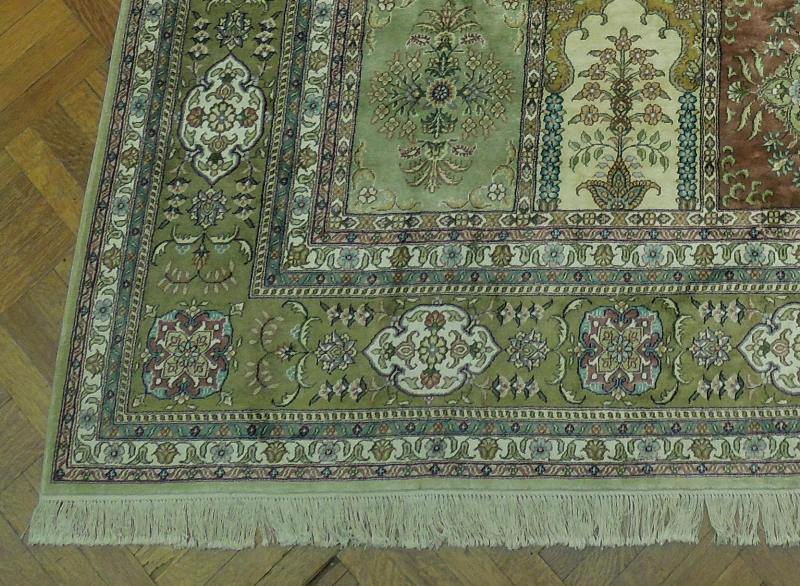 8.3 x 10.2 Handmade Silk Rug GREEN Multi Color Baktiar Box Pattern #PIX-17294