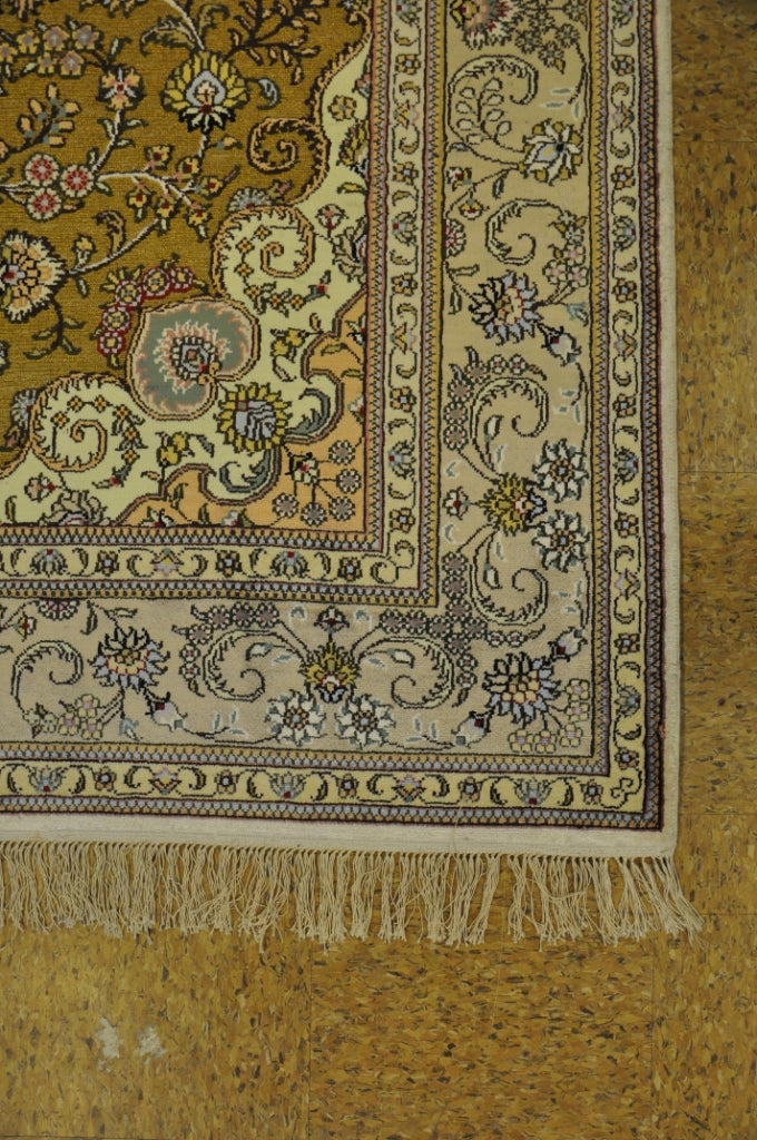 5 x 8 Hand-Knotted Silk Rug Gold Raised Pile Unique Carpet #PIX-27437