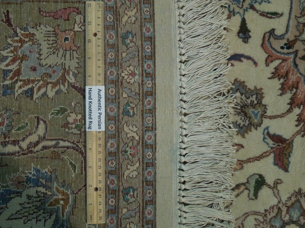 6.7 x 9.8 Fine Authentic Persian Tabriz Rug Handmade Iran Wool and Silk 400 KPSI Ivory Green #PIX-18140