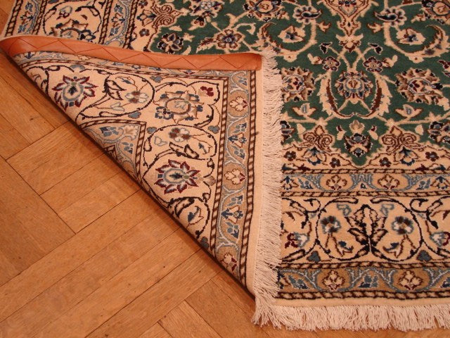 5 x 8 Authentic Signed Persian Green Nain Rug Wool and Silk Handmade Iran-#PIX-4241