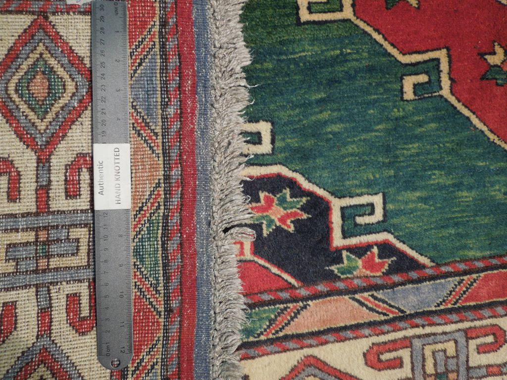6 x 7 Green Hand-Knotted Kazak Afghan Rug Wool on Wool #PIX-19256
