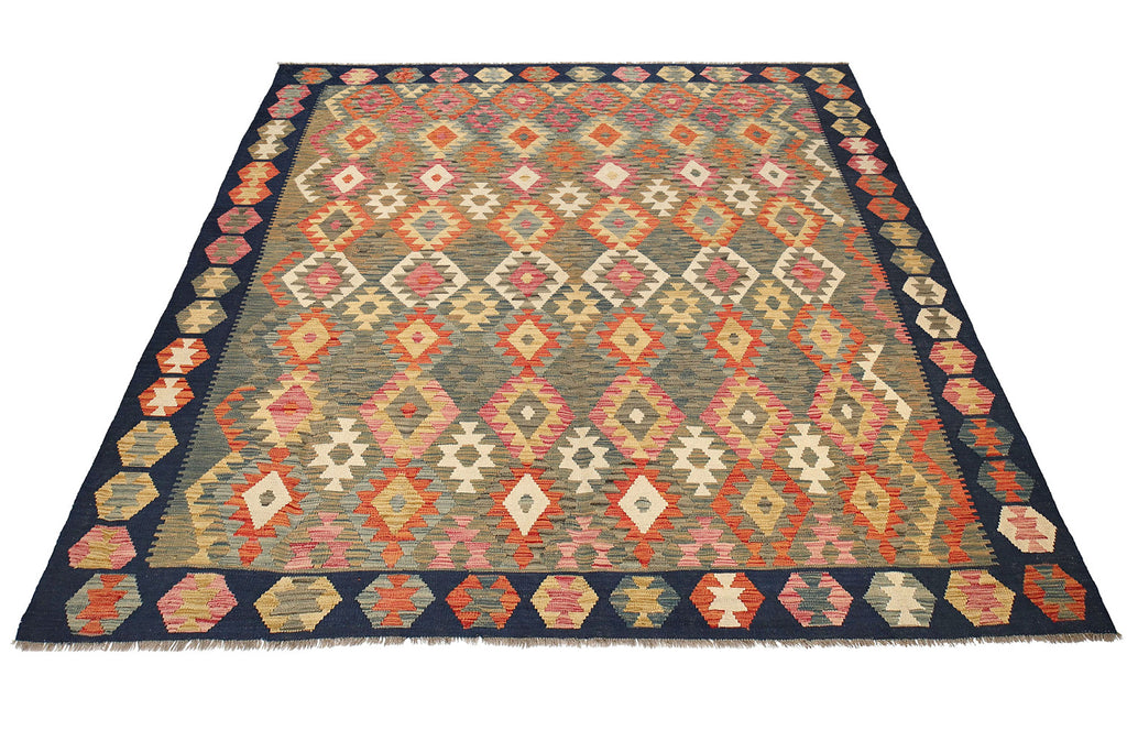 8.5 x 9.7 BLACK GREEN MULTI COLOR Natural Wool Vegetable Dye Kilim Flat Weave Handmade Rug #P1010