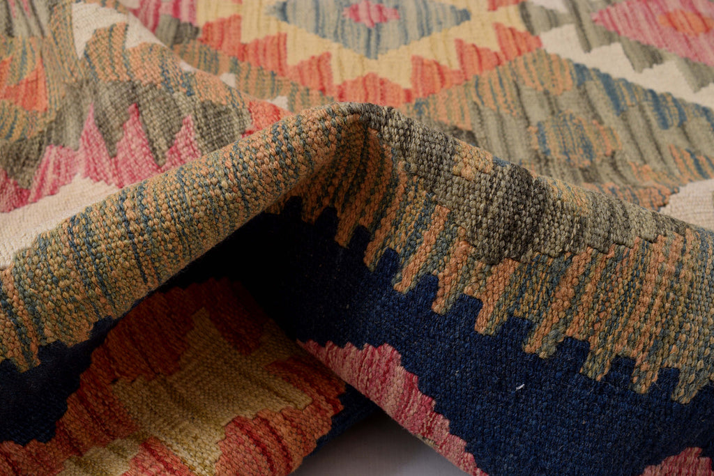 8.5 x 9.7 BLACK GREEN MULTI COLOR Natural Wool Vegetable Dye Kilim Flat Weave Handmade Rug #P1010