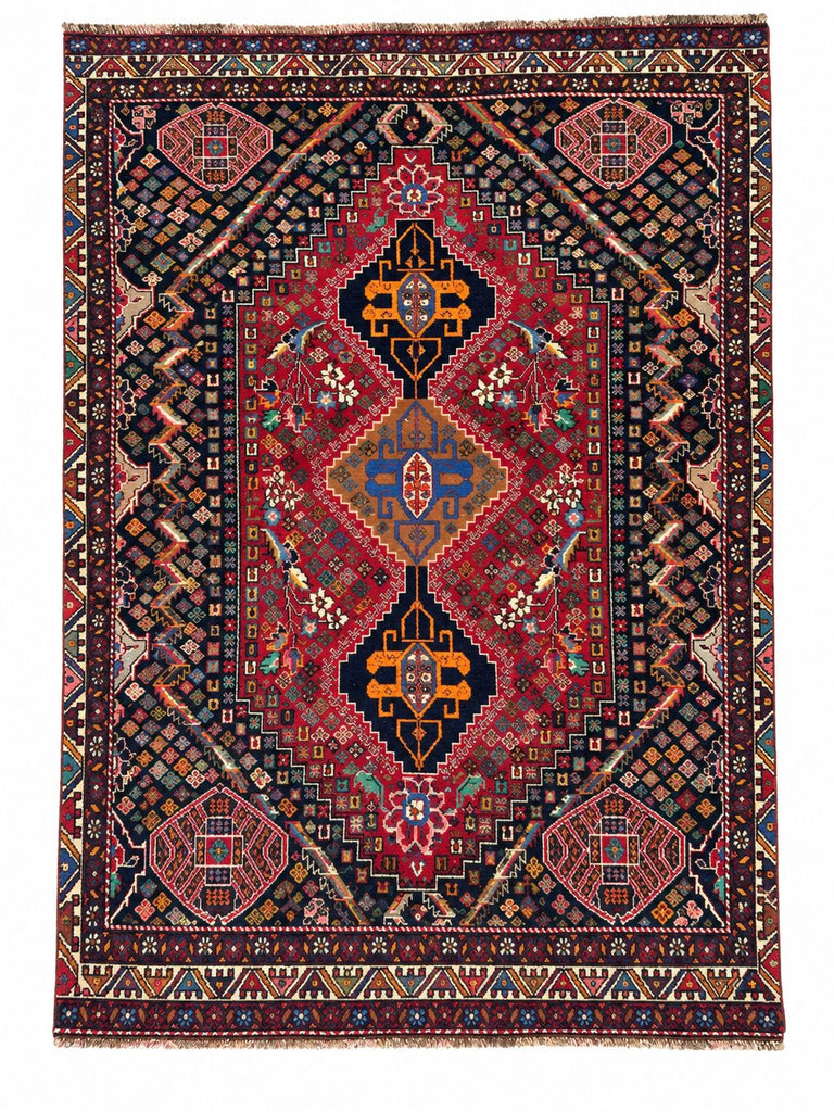 5x7 red navy tribal rug with central medallion and gold ivory accents, full view #P1200